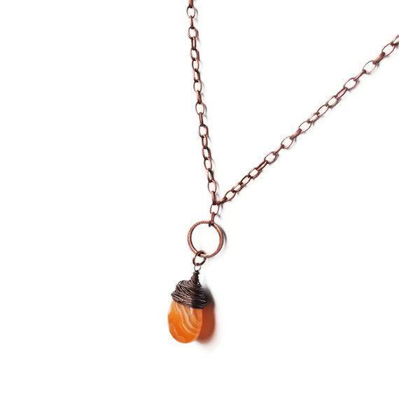 Bright Orange Carnelian Necklace Antiqued Copper Gemstone Wire Wrapped