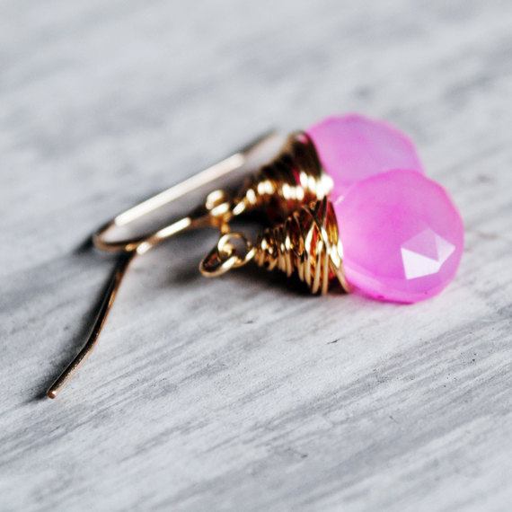 Soft Pink Earrings 14kt Gold Filled Gemstones Chalcedony Wire Wrapped