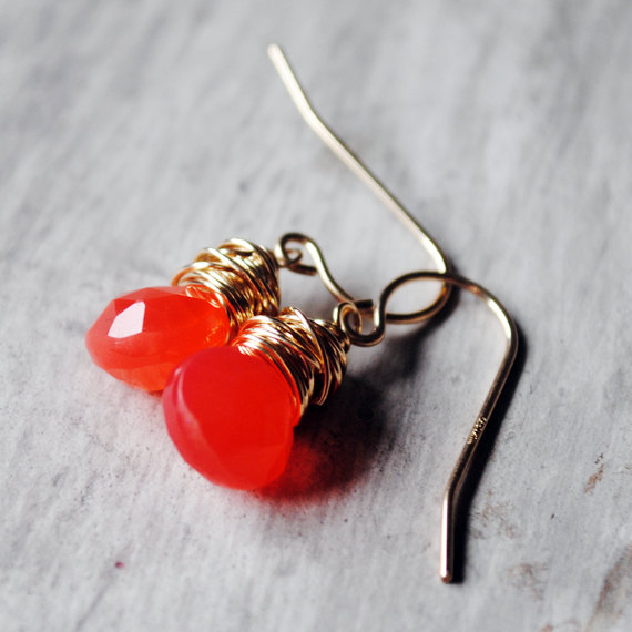 Bright Orange Earrings 14kt Gold Filled Chalcedony Gemstones Wire Wrapped