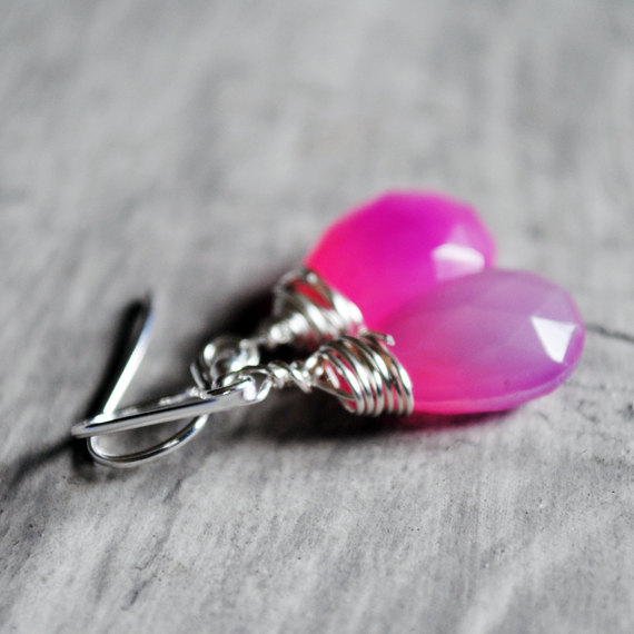 Hot Pink Earrings Chalcedony Wire Wrapped Sterling Silver Gemstones