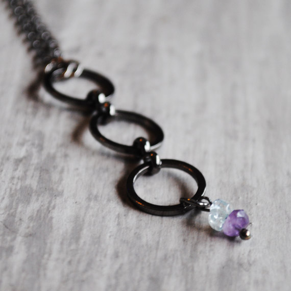 Amethyst Aquamarine Necklace Gunmetal Gemstones Purple Light Blue