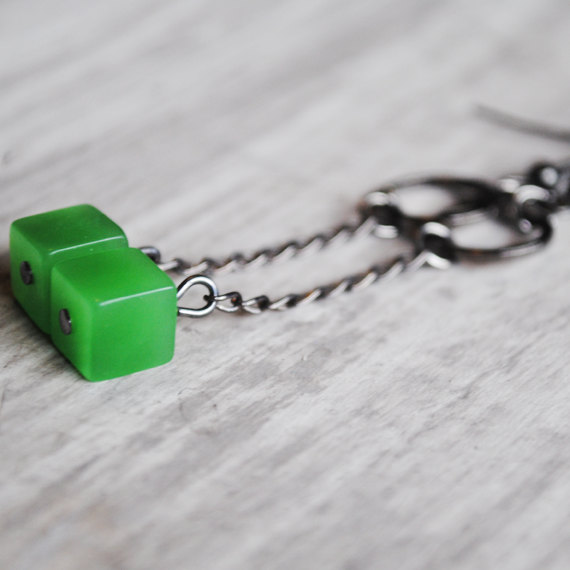 Green Quartz Earrings Lime Retro Cube Gunmetal