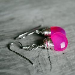 Hot Pink Earrings Chalcedony Sterling Silver Wire Wrapped Gemstones