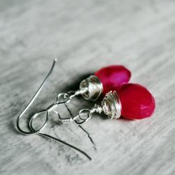 Raspberry Red Earrings Chalcedony Sterling Silver Wire Wrapped Gemstones